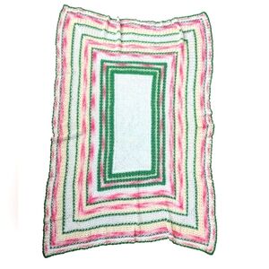 Vintage Handmade Crochet Grannycore Lap Blanket Throw Baby Pink Green White